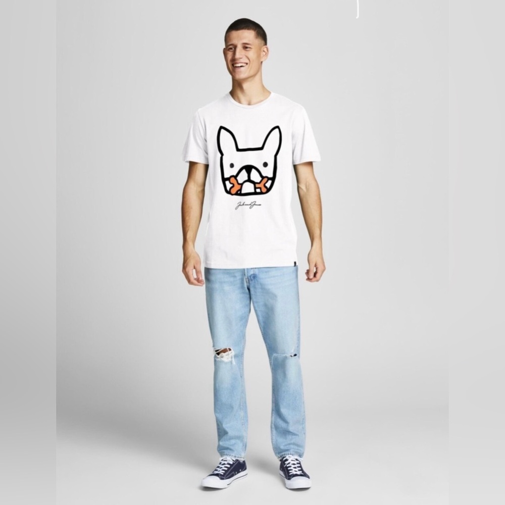 JACK & JONES French Bulldog Printed Casual Knit T-shirt in White - Picture 3 of 5